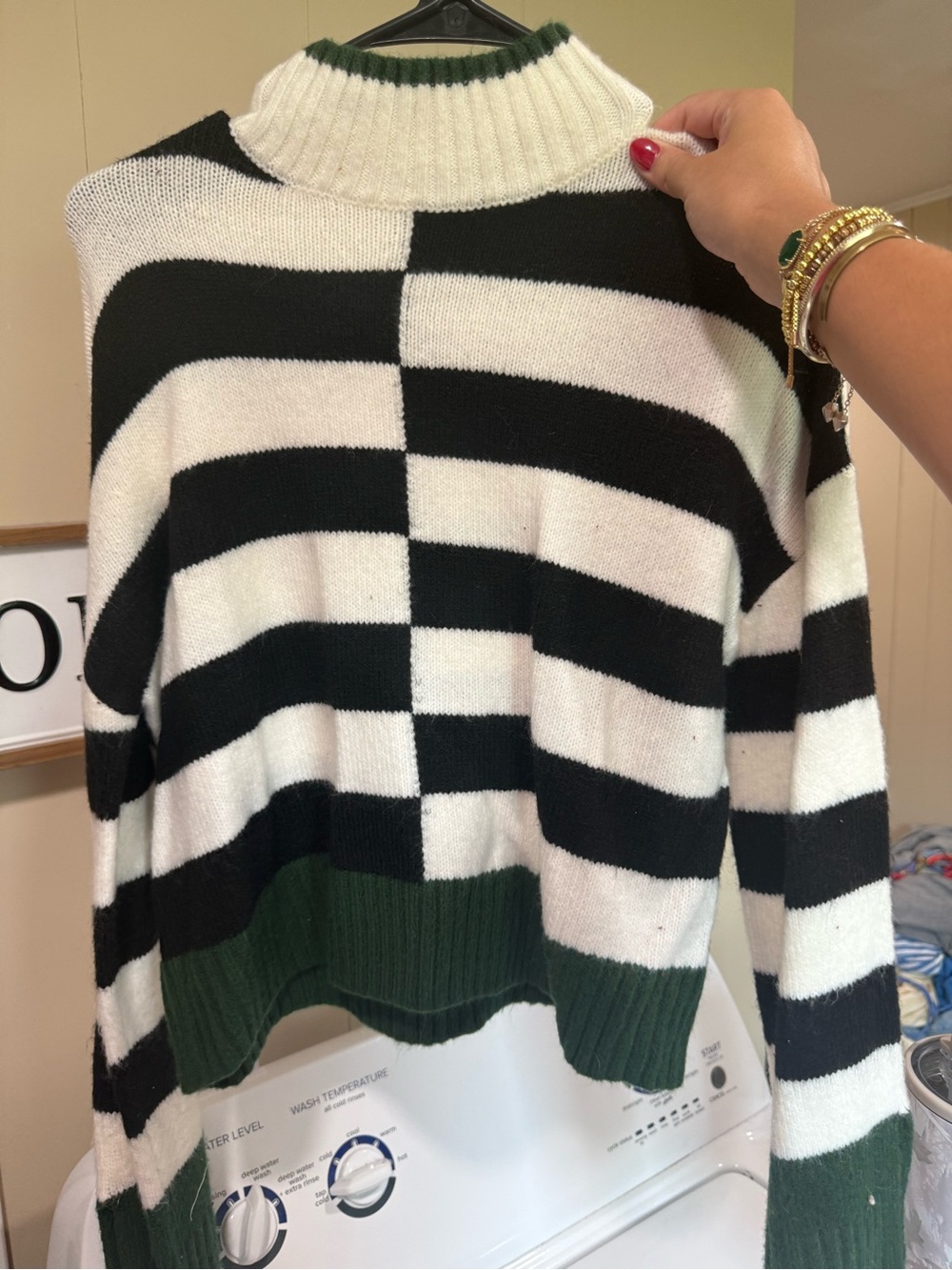 William Rast Black, White & Forest Green Striped Turtleneck Sweater